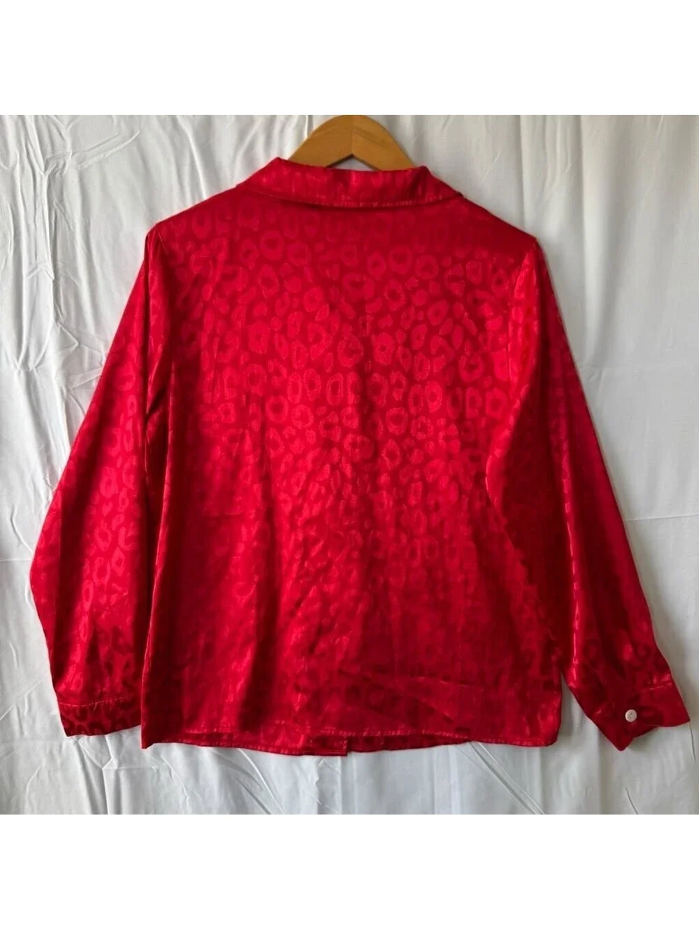 Pajama Top M Red Leopard Jacquard Satin Button Up Blouse Shirt